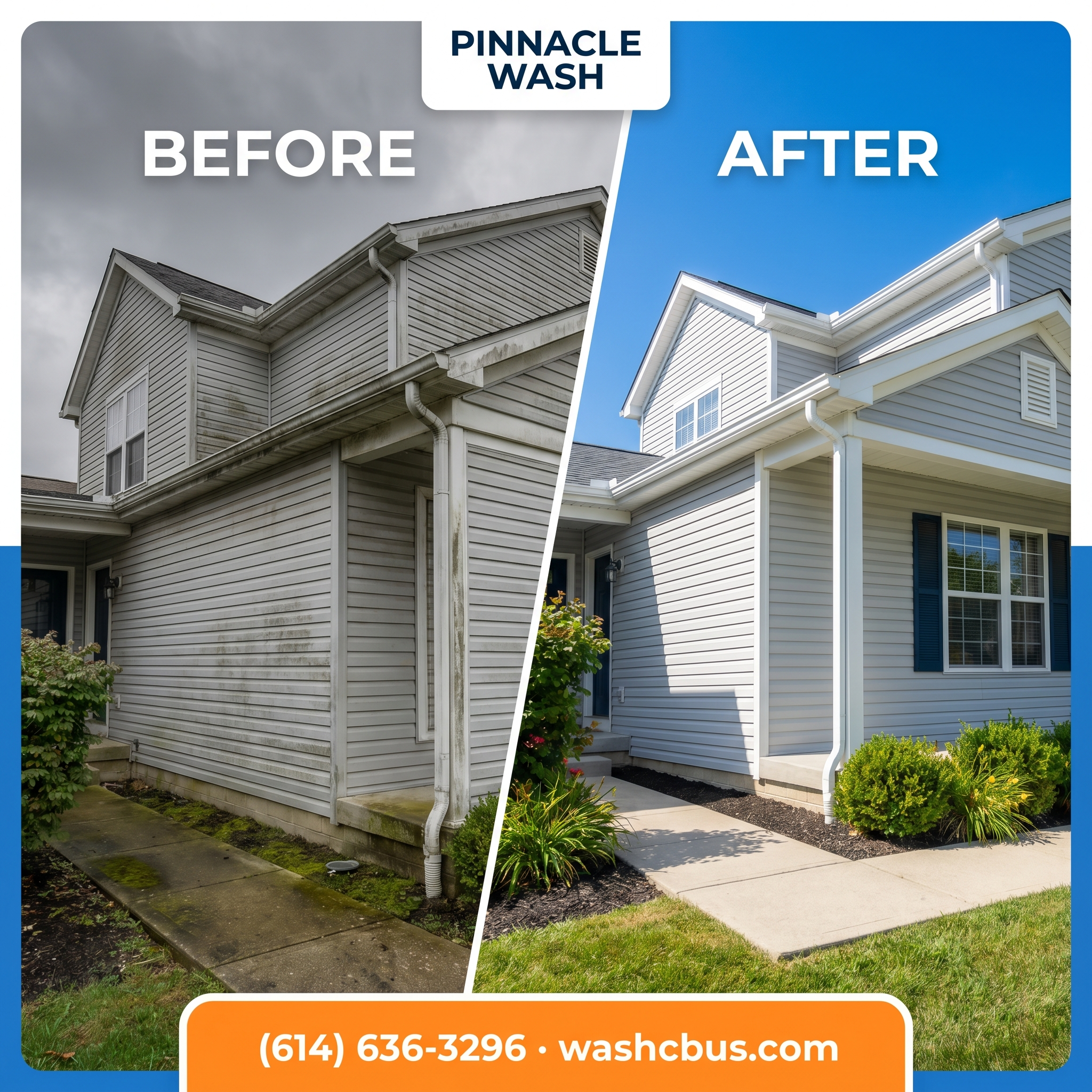 House with algae streaks on siding before Pinnacle Wash treatment in Reynoldsburg
