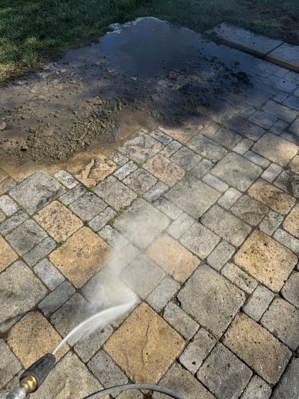 Surface cleaner stripping a paver patio clean